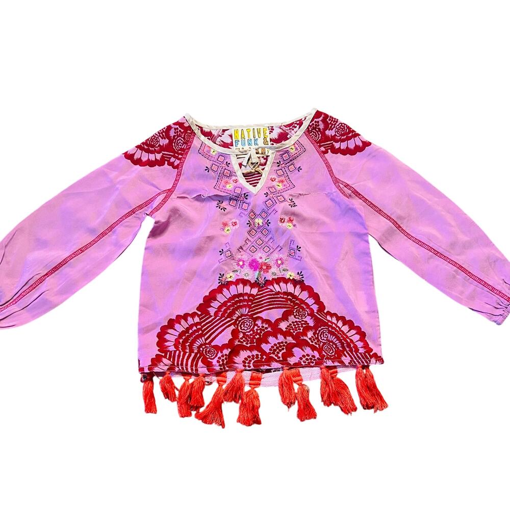 Vintage Y2K NWT Native Funk & Flash 100% silk Pink and Red Fringe Top Youth XXS